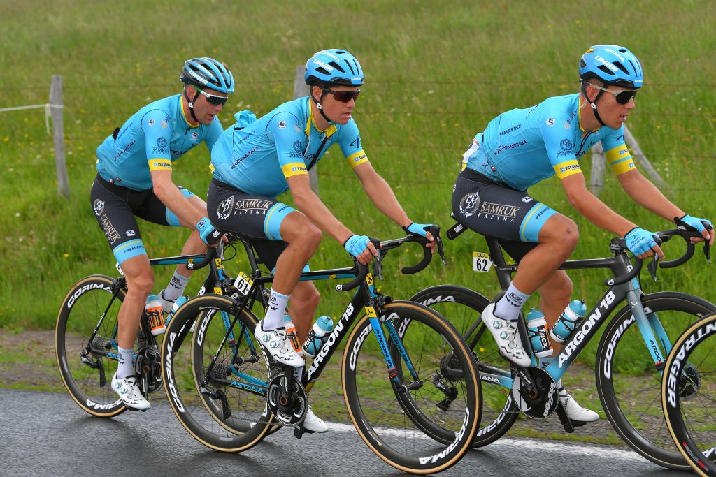 Astana&#039;s Hugo Houle, eventual overall winner Jakob Fuglsang and Davide Ballerini on stage 1 of the 2019 Critérium du Dauphiné