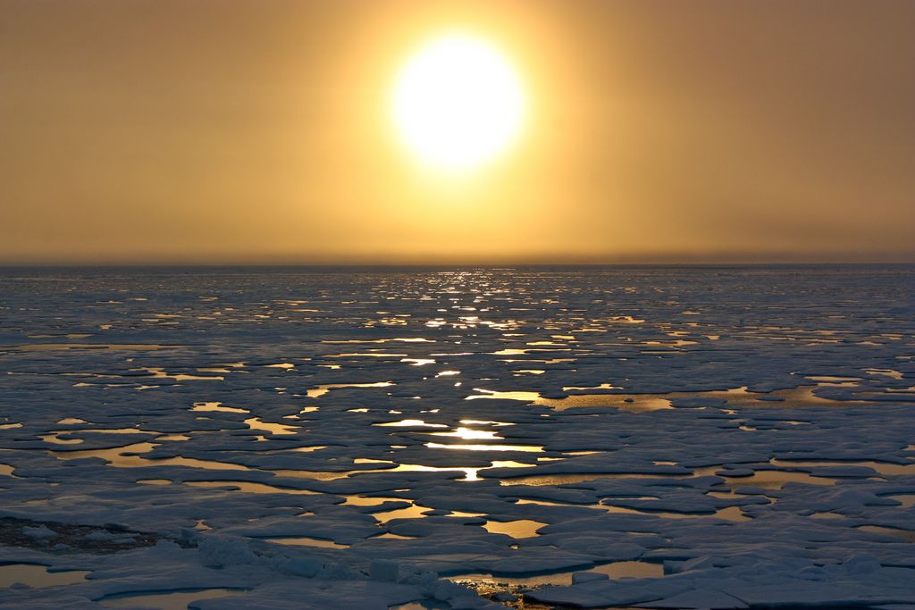 The sun sits low on the Arctic horizon during the NASA-sponsored ICESCAPE mission of 2011 as scientists on board the U.S. Coast Guard Cutter Healy headed south in the Chukchi Sea. The mission studies how changing conditions in the Arctic affect the ocean&#039;s chemistry and ecosystems.