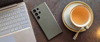 Samsung Galaxy S23 Ultra review top down laptop tea 21:9