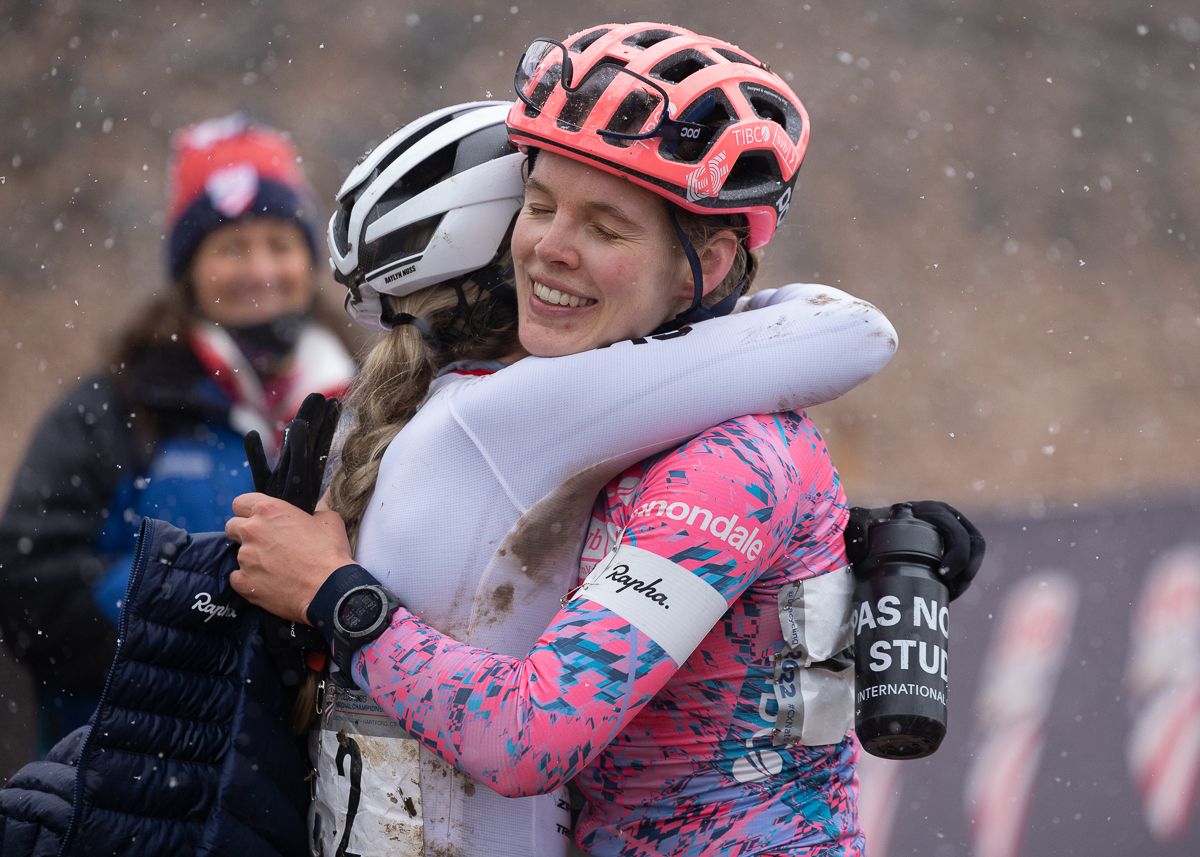 Raylyn Nuss (Steve Tilford Foundation Racing) gives Clara Honsinger (EF Education - Tibco - SVB) a warm embrace and congratulate her on her victory.
