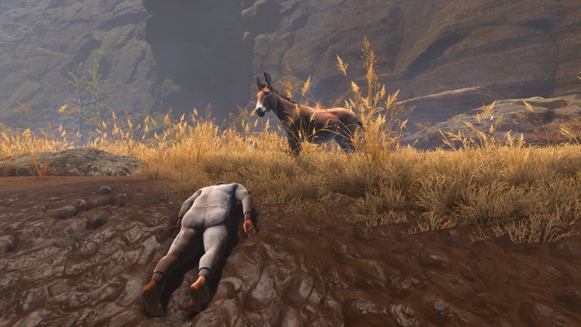 A man walking through the wilderness wearing a onesie