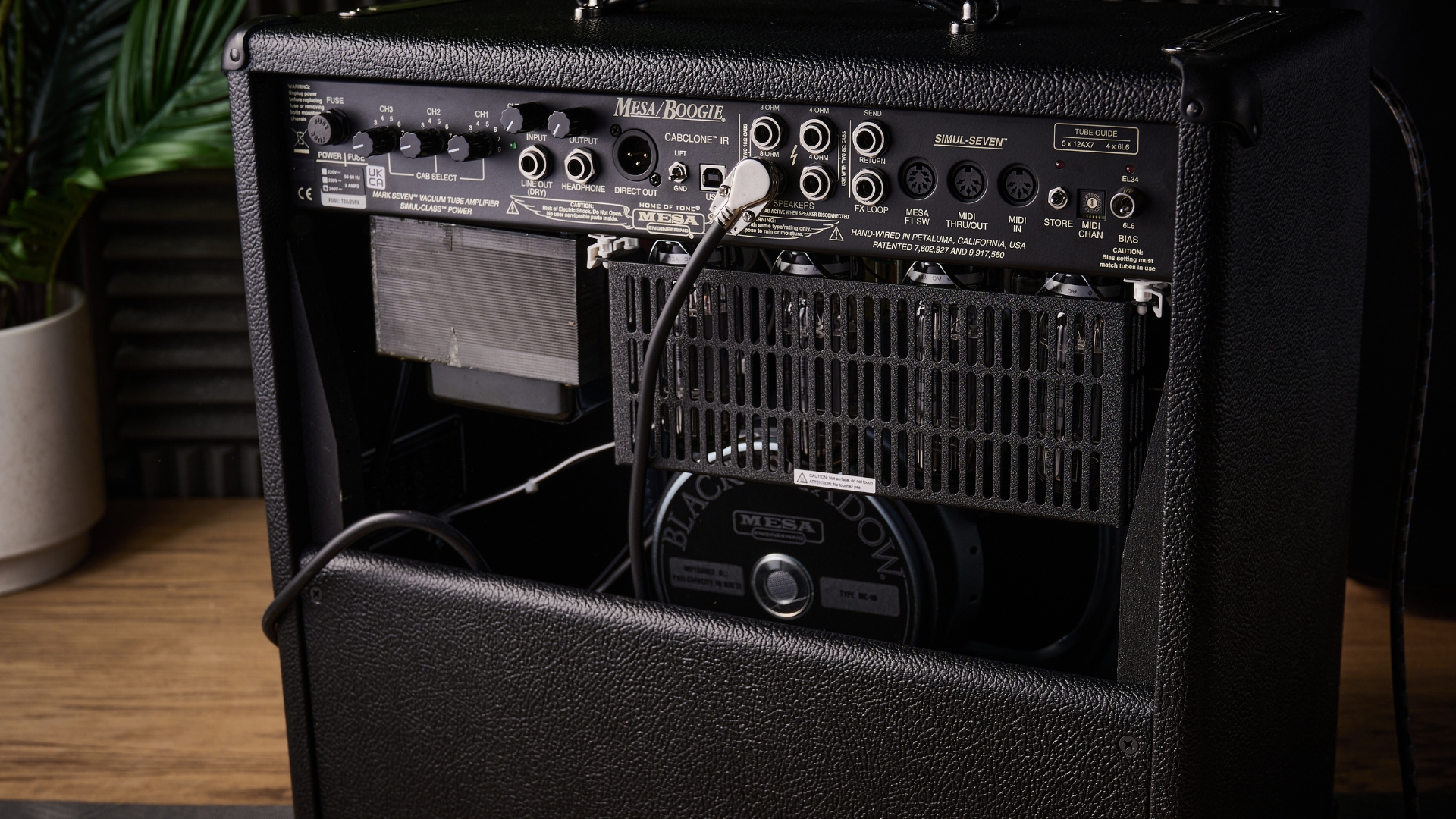 The back panel of a Mesa/Boogie Mk VII 1x12 combo tube amp