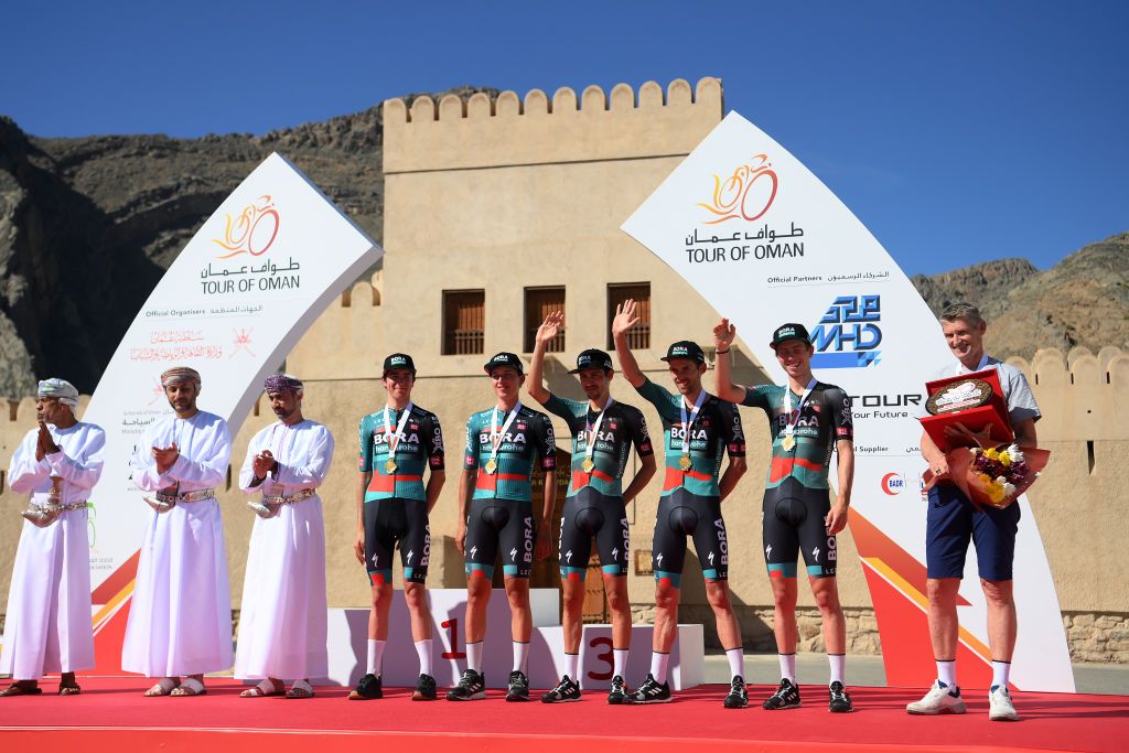 JABAL AL AKHDHAR OMAN FEBRUARY 15 Emanuel Buchmann of Germany Giovanni Aleotti of Italy Florian Lipowitz of Germany Ide Schelling of The Netherlands Cian Uijtdebroeks of Belgium Matthew Walls of Germany Ben Zwiehoff of Germany and Team BoraHansgrohe celebrates at podium as best team prize winner during the 12th Tour of Oman 2023 Stage 5 a 1522km from Samail to Jabal Al Akhdhar 1214m TourofOman on February 15 2023 in Jabal Al Akhdhar Oman Photo by Alex BroadwayGetty Images