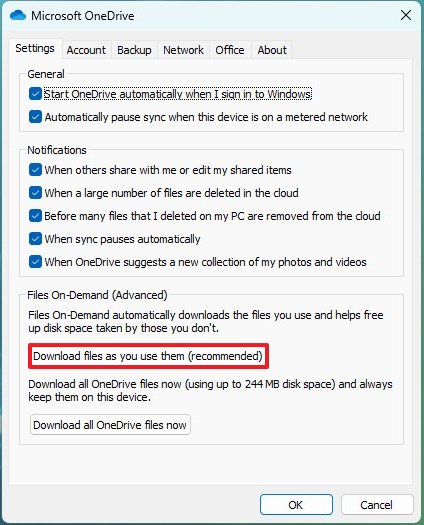 OneDrive files on-demand enable option