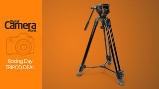 A Manfrotto tripod on an orange background with the words Boxing Day tripod deal