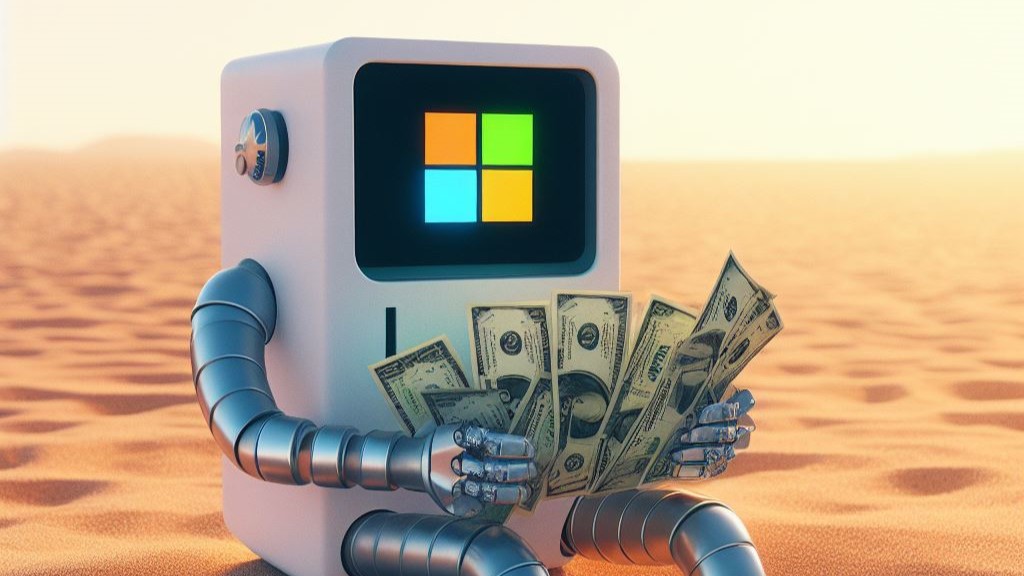 Robot con temática de Microsoft contando dinero en una playa