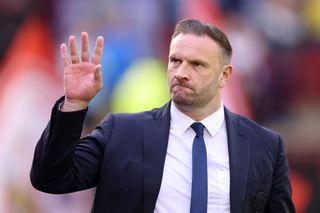 Ian Evatt, Manager of Bolton Wanderers, reacts prior to the Sky Bet League One Play-Off Semi-Final Second Leg match between Barnsley and Bolton Wanderers at Oakwell Stadium on May 19, 2023 in Barnsley, England.
