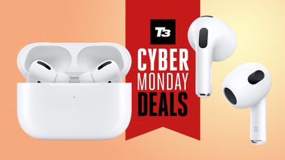 Apple AirPods with sign saying Cyber Monday deals