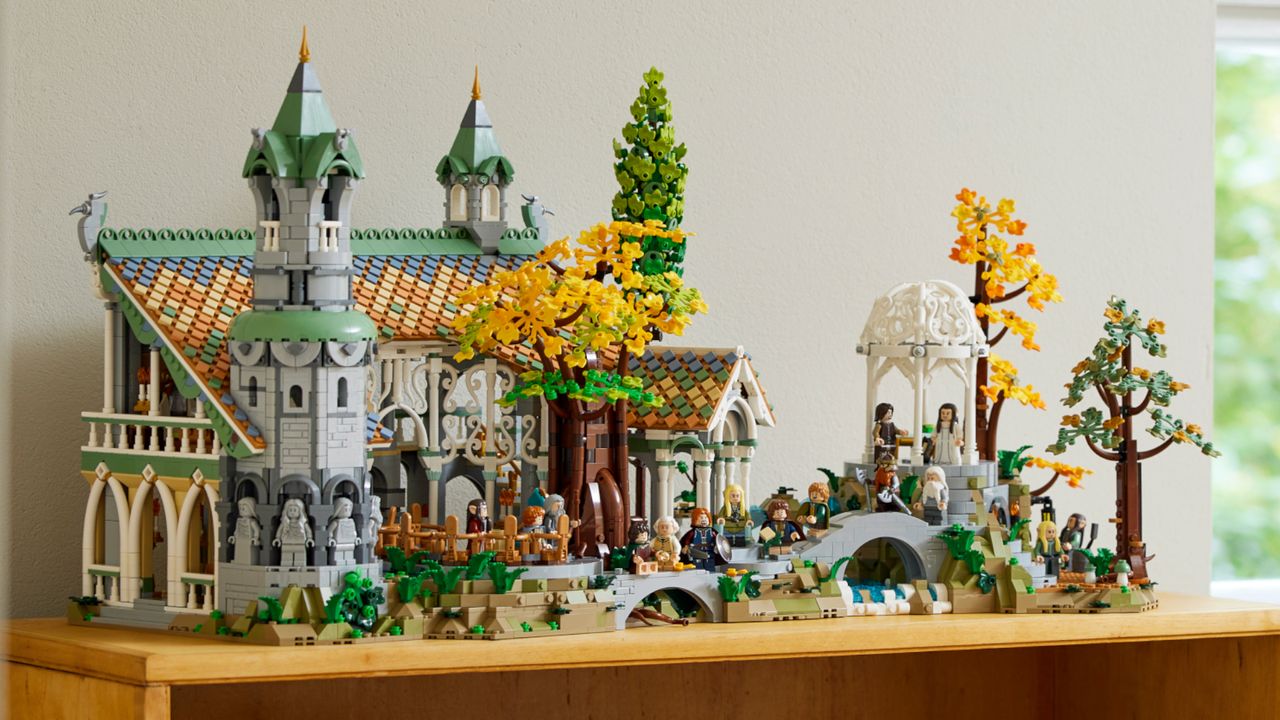 LEGO The Lord of the Rings Rivendell set overview with the kit on a shelf, fully-assembled and with minifigures posed