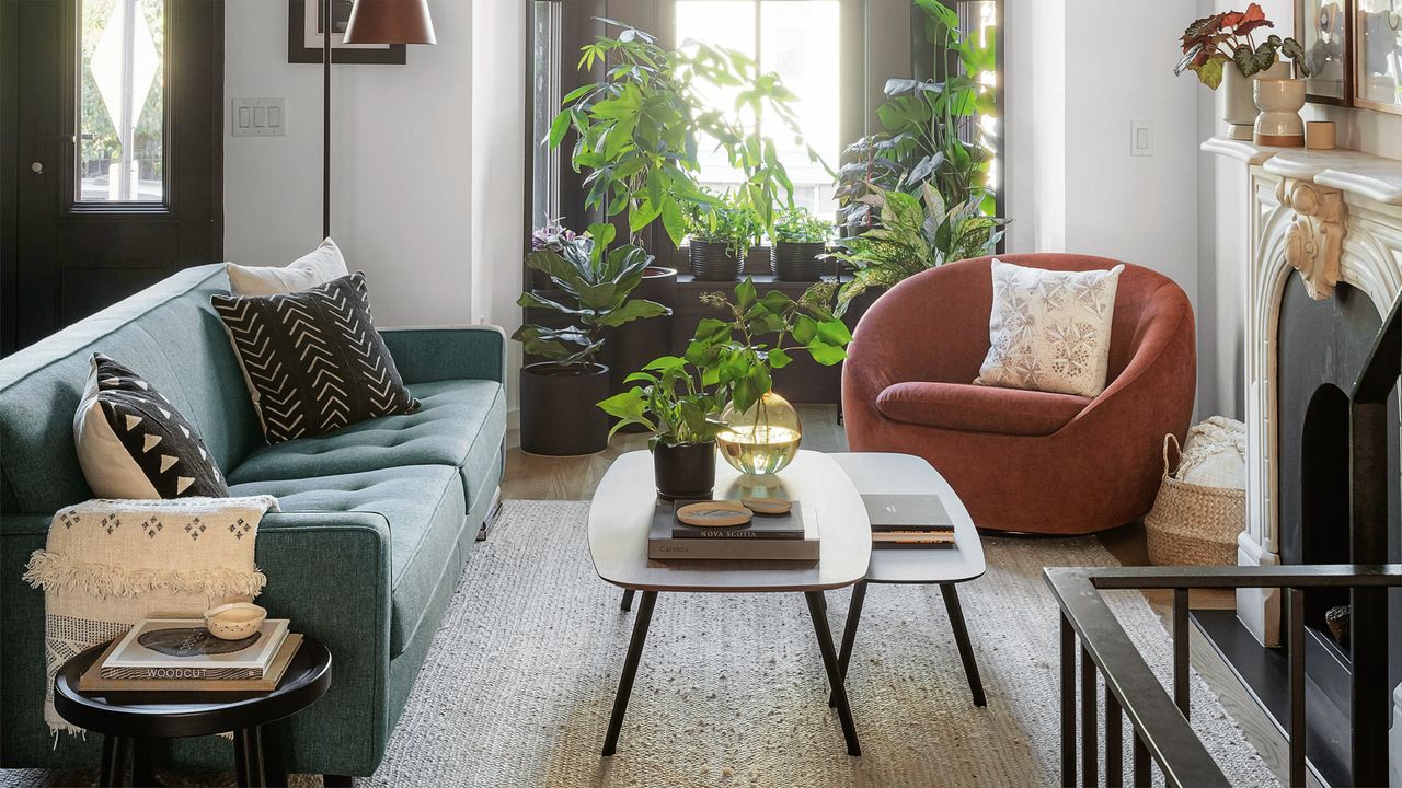 a small living room with nested coffee tables