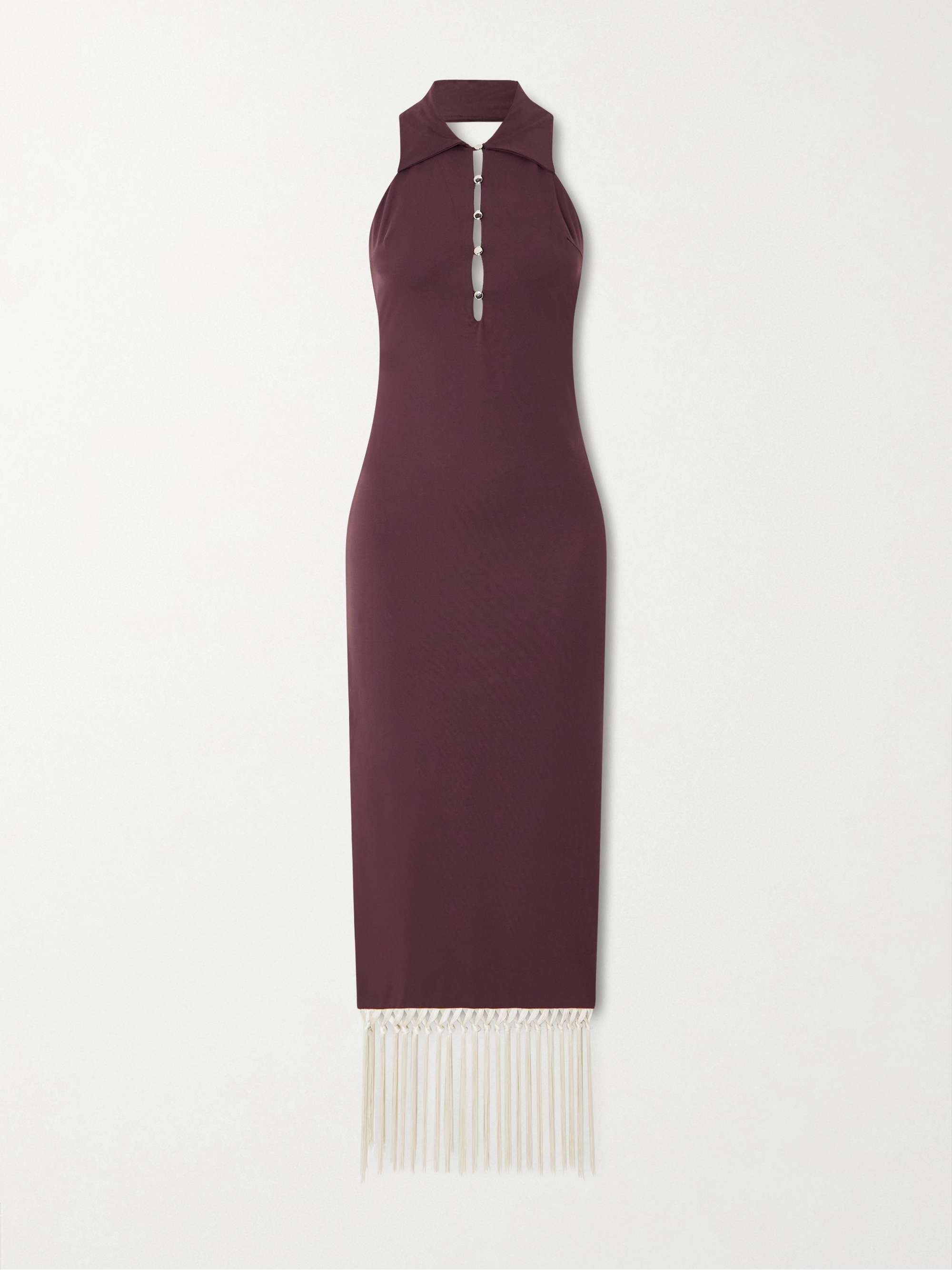 Tropical Sleeveless Tasseled Stretch-Satin Midi Dress
