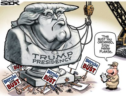 Political cartoon U.S. Bernie or Bust Donald Trump bust