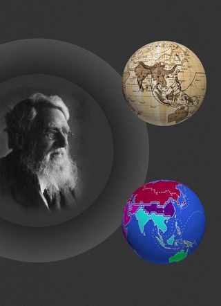 Alfred Russel Wallace is depicted inspecting two globes, representing his own highly influential global biogeographic map from 1876 (upper) and the updated modern version of this map (lower).