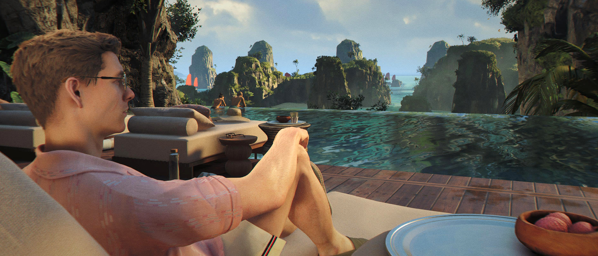 James Bond laying on a sun lounger in a tropical resort