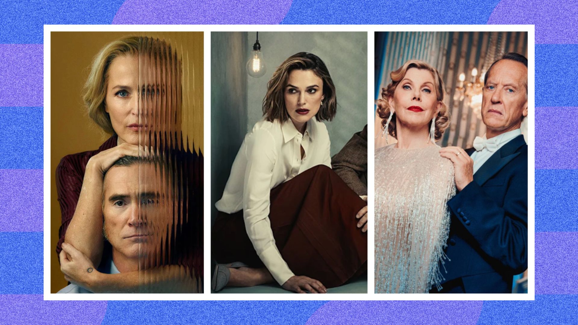 three images spliced together showing (from L-R): Gillian Anderson and Billy Crudup in Who's Afraid of Virginia Woolf? Kiera Knightly in The Lives of Others, Christine Baranski and Richard E Grant in Hayfever