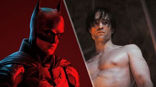 The Batman in cowl on left and Robert Pattinson shirtless on right 