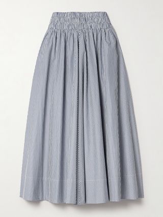 The Kyria Pleated Striped Cotton-Poplin Midi Skirt