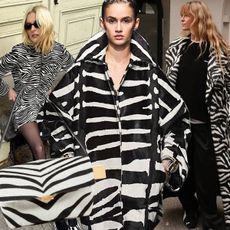 a collage of fashion influencer and runway images featuring 2025's zebra print trend