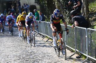HARELBEKE BELGIUM MARCH 25 Wout Van Aert of Belgium and Team Jumbo Visma competes through Taaienberg cobblestones sector during the 65th E3 Saxo Bank Classic 2022 a 2039km one day race from Harelbeke to Harelbeke E3SaxobankClassic WorldTour on March 25 2022 in Harelbeke Belgium Photo by Tim de WaeleGetty Images