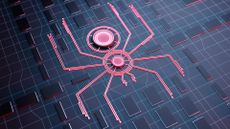 A CGI render of a circuitboard lined with red lines in the shape of a spider, representing the Scattered Spider threat group.