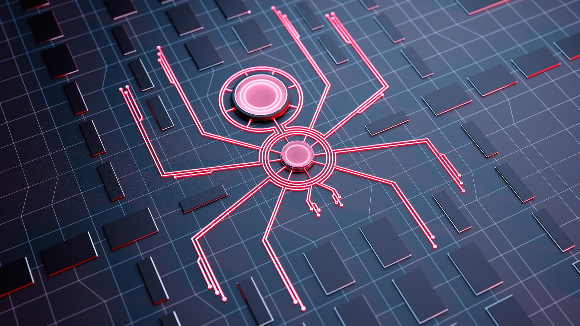 A CGI render of a circuitboard lined with red lines in the shape of a spider, representing the Scattered Spider threat group.