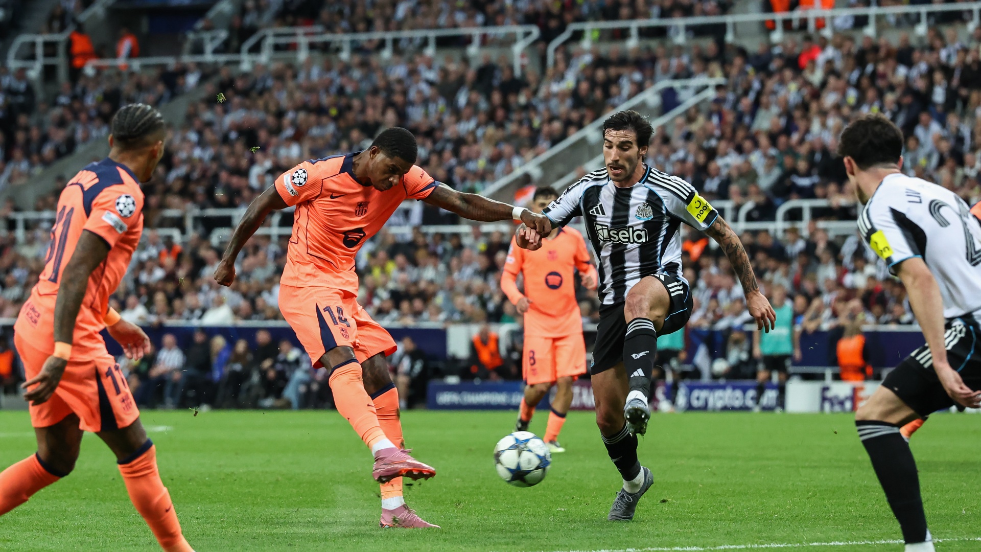 Barcelona's Marcus Rashford scoring against Newcastle in the Champions League