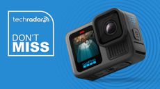 GoPro Hero 13 Black camera on a blue background with TechRadar Don't Miss text overlay