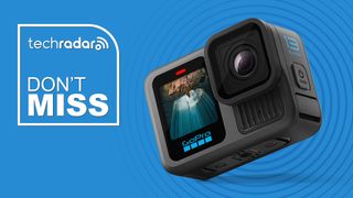 GoPro Hero 13 Black camera on a blue background with TechRadar Don&#039;t Miss text overlay