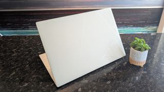 The Zenbook S 16 photographed on a dark marble surface with potted plants in the background.