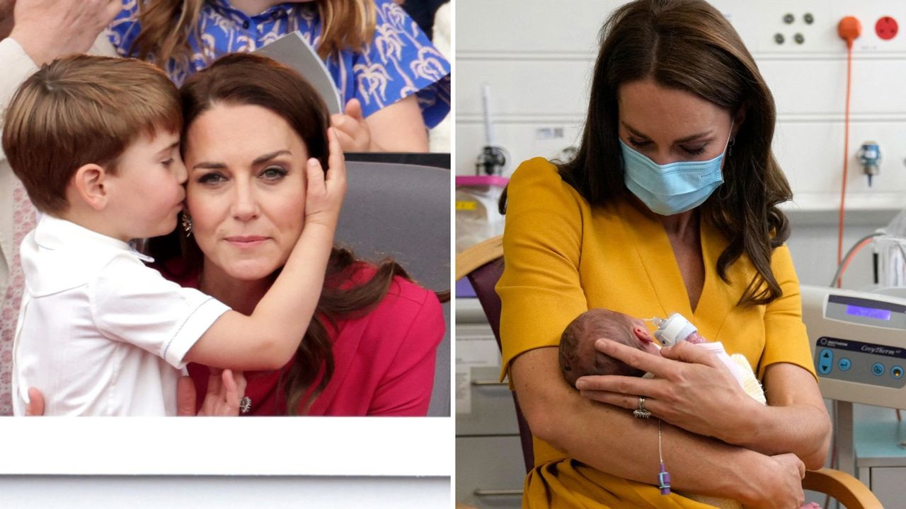 L-R: Kate Middleton and Prince Louis, Kate Middleton holding a baby