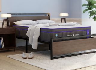 The image shows the Nectar Premier Hybrid, the best Nectar mattress for side sleepers, is show in in stylish neutral bedroom
