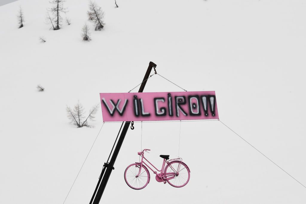 CORTINA DAMPEZZO ITALY MAY 24 Pink decoration during the 104th Giro dItalia 2021 Stage 16 a 153km stage shortened due to bad weather conditions from Sacile to Cortina dAmpezzo 1210m Snow Detail view girodiitalia Giro on May 24 2021 in Cortina dAmpezzo Italy Photo by Tim de WaeleGetty Images