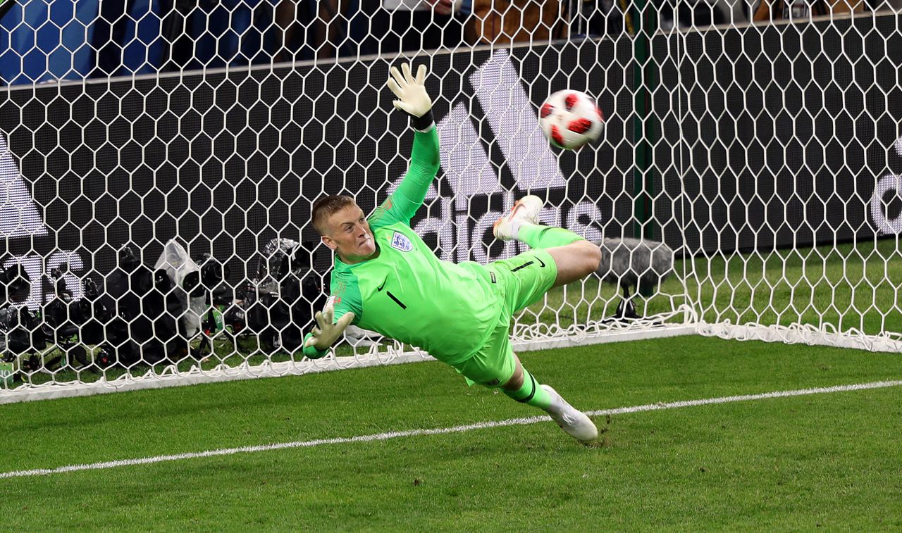 England goalkeeper Jordan Pickford saves a penalty from Colombia's Carlos Bacca during the shootout in the 2018 World Cup last 16 match