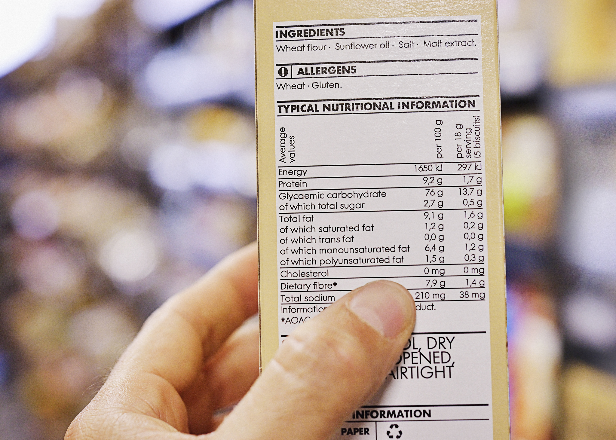 Photo of a nutrition label that identifies wheat and gluten as allergens