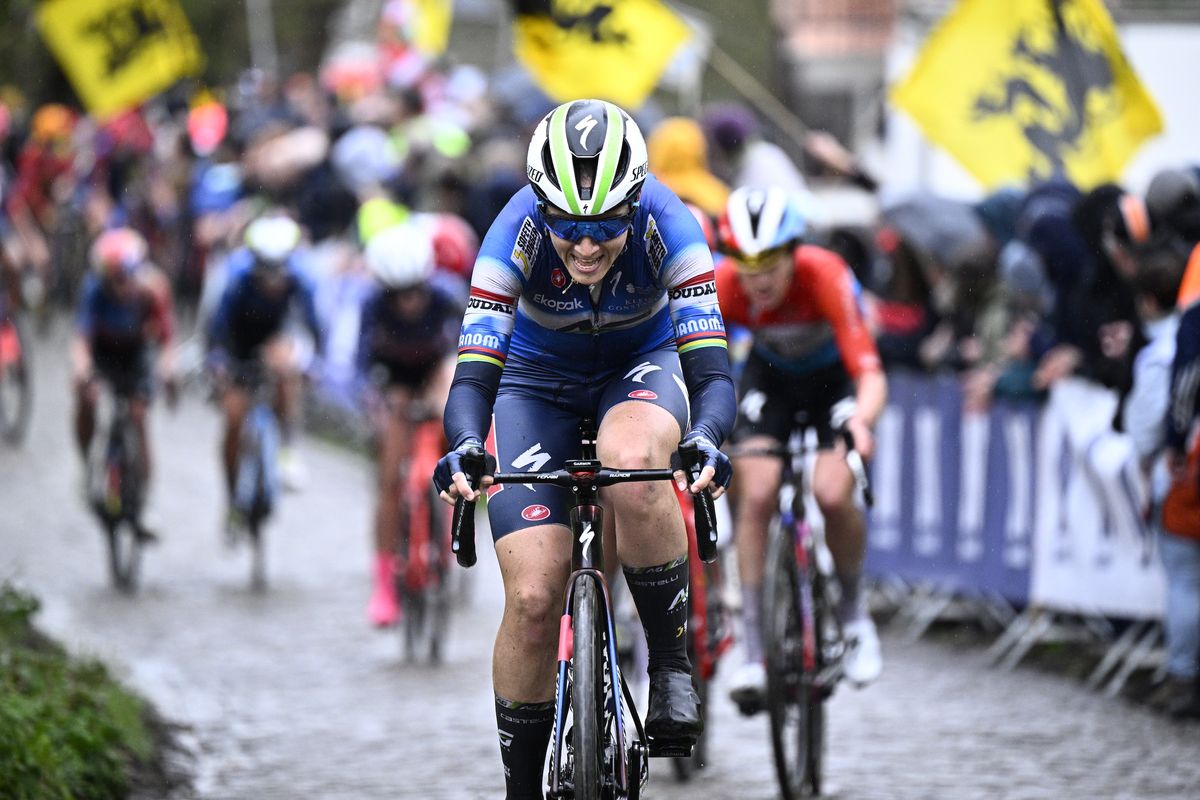 OUDENAARDE, BELGIUM - MARCH 31: Kimberley (Le Court) Pienaar of Mauritius and AG Insurance - Soudal Team competes in the breakaway during the 21st Ronde van Vlaanderen - Tour des Flandres 2024 - Women&#039;s Elite a 163km one day race from Oudenaarde to Oudenaarde / #UCIWWT / on March 31, 2024 in Oudenaarde, Belgium. (Photo by Jasper Jacobs - Pool/Getty Images)