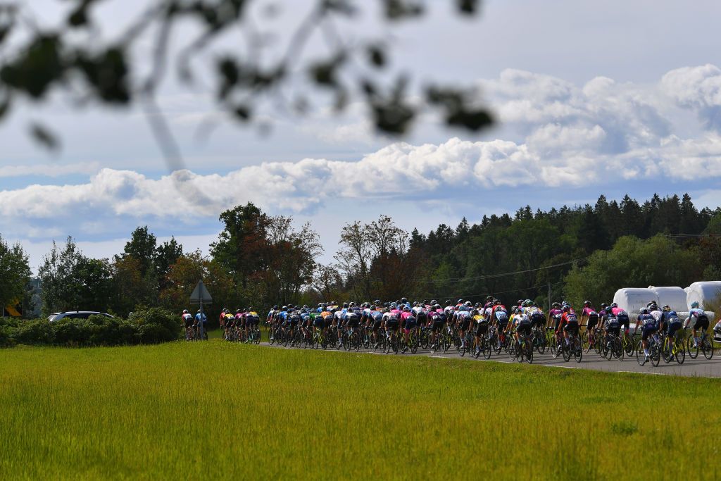 HALDEN NORWAY AUGUST 15 A general view of the peloton during the 7th Ladies Tour Of Norway 2021 Stage 4 a 1416km stage from Drbak to Halden LTourOfNorway LTON21 UCIWWT on August 15 2021 in Halden Norway Photo by Luc ClaessenGetty Images