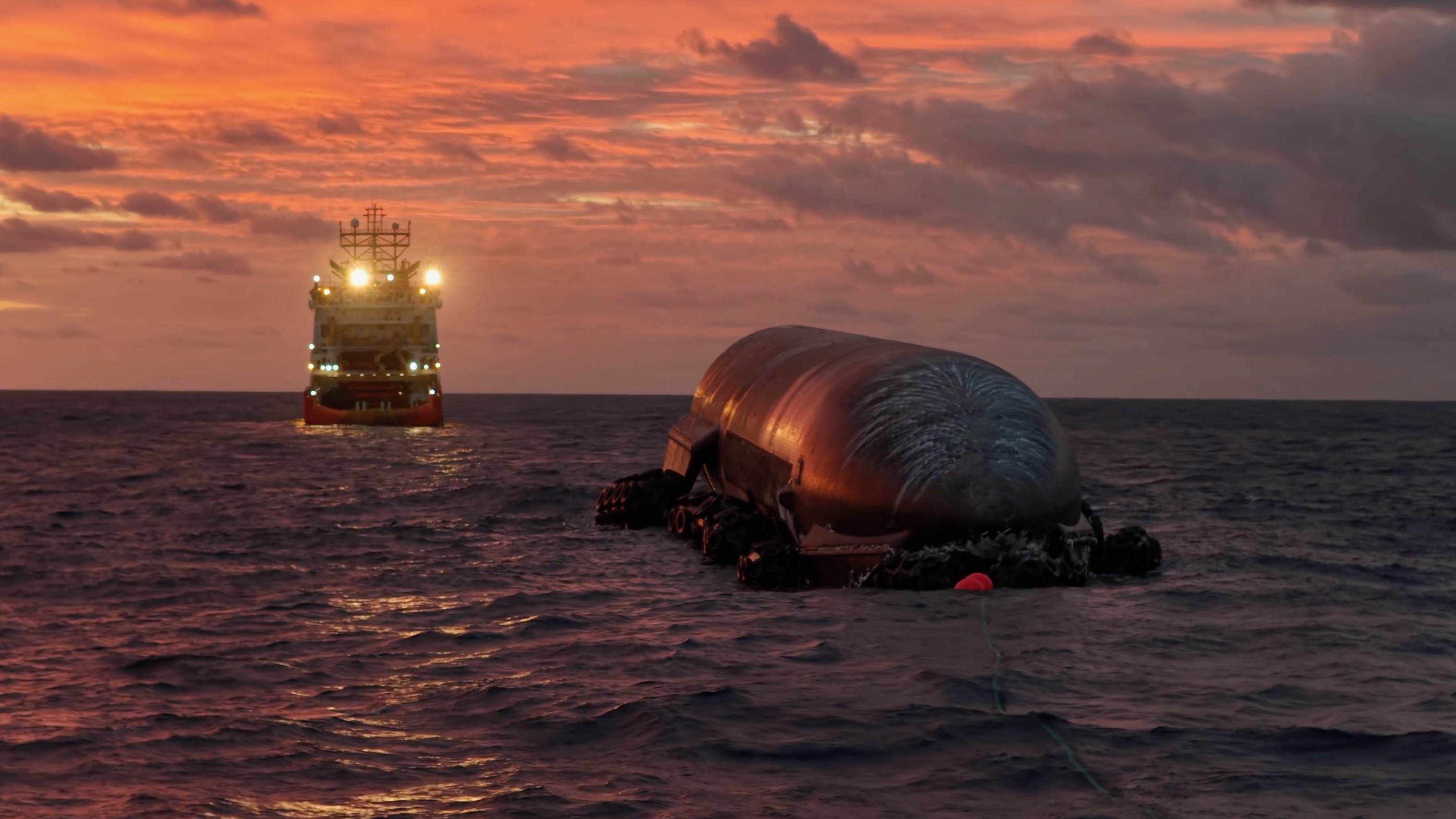 SpaceX works to get the upper stage from Starship's 13th test flight to shore from its Indian Ocean splashdown site. This is a screenshot from a video the company posted on X on Aug. 7.