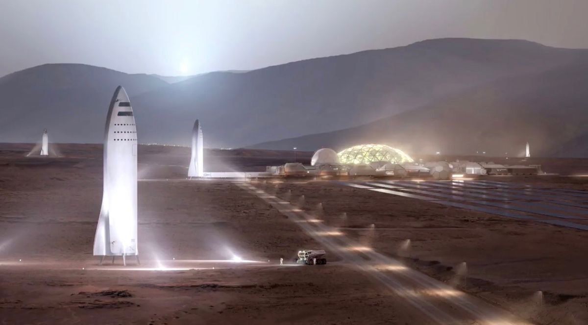 Artist&#039;s illustration of SpaceX Starship vehicles on the surface of Mars. (This scene shows carbon-composite Starships; SpaceX has since decided to build the vehicles out of stainless steel.)