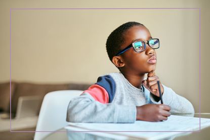 Fun facts for kids illustrated by Young boy with glasses looking thoughtful
