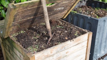 A backyard compost heap with a fork in
