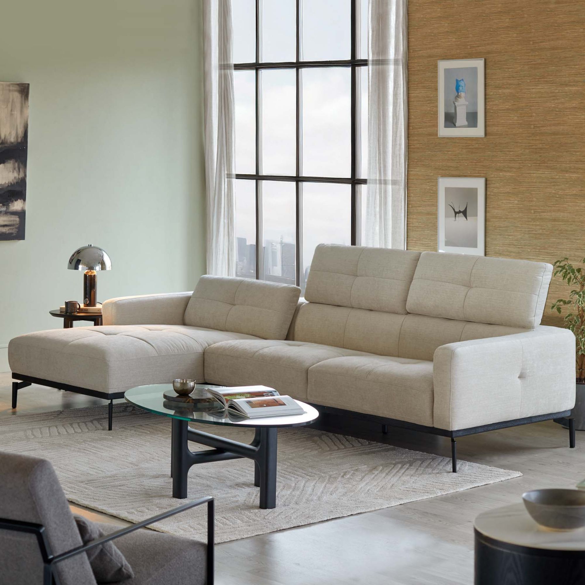 Danetti, Colton Left Hand Corner Chaise Ivory Woven Chenille