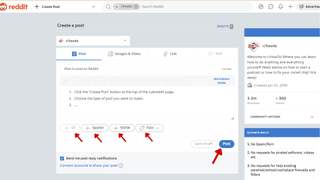 Screenshot of Reddit.com on the browser with red arrows pointing at the tag options and Post button in the Create a Post menu.