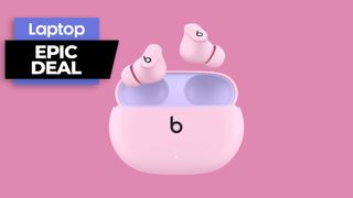 Beats Studio Buds in pink with charging case against pink background with epic deal text
