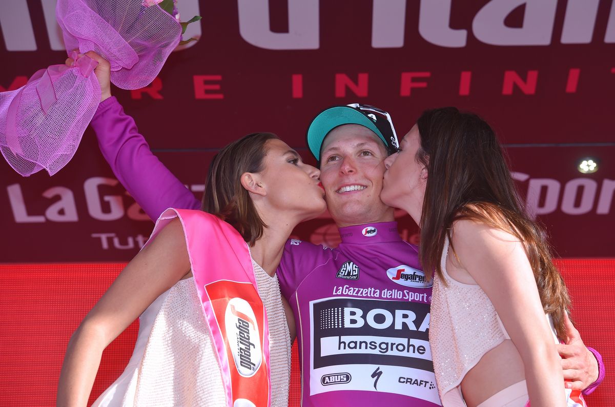 Along with the maglia rosa and bianca, Lukas P&ouml;stlberger also pulled on the maglia ciclamino following stage 1 victory