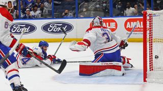 Blake Coleman #20 of the Tampa Bay Lightning scores against Carey Price #31 of the Montreal Canadiens during the second period in Game Two of the 2021 NHL Stanley Cup Final at Amalie Arena on June 30, 2021 in Tampa, Florida.