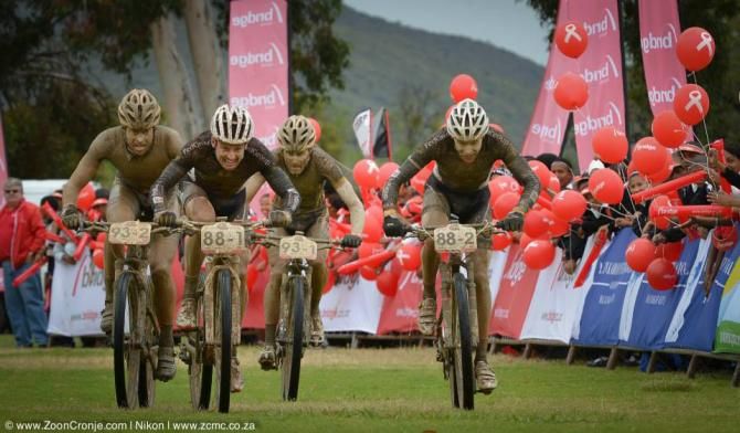 The top two men&rsquo;s team&rsquo;s FedGroup Itec and RE:CM sprint for the stage win in Calitzdorp at the end of Stage 1 of the Cape Pioneer Trek on Monday. FedGroup Itec&rsquo;s Brandon Stewart (front left) and Konny Looser (front right) secured the victory.