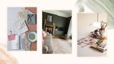 Collage of a moodboard, green living room and paints to support the 60-3-10 rule in interior design