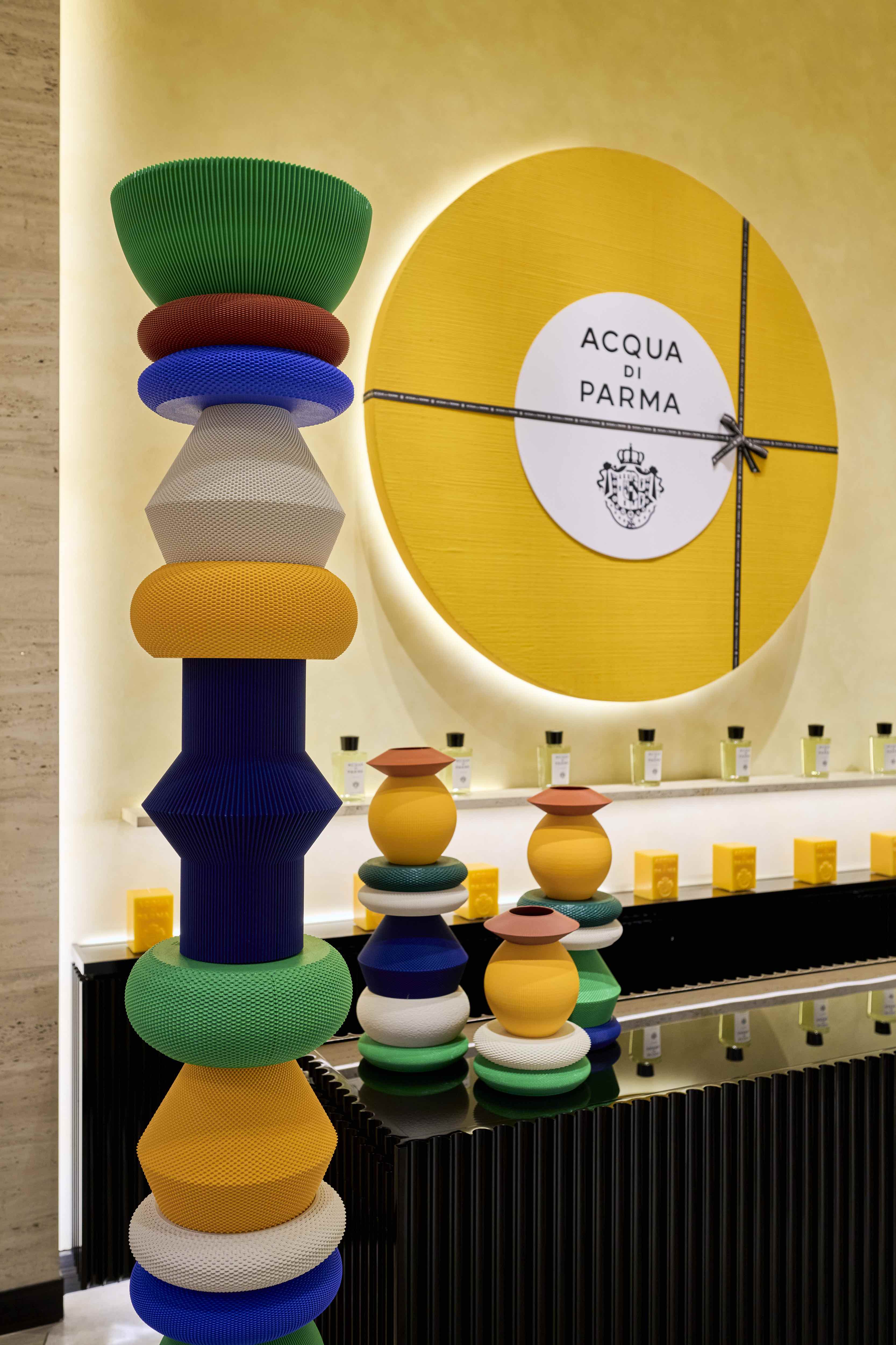 Colourful installation at Acqua di Parma store in Milan for new fragrance Mandarino di Sicilia