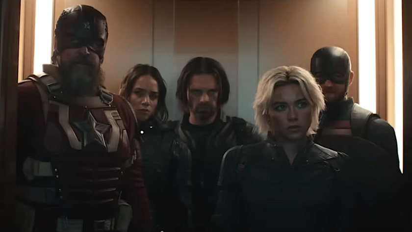 The entire team of the Thunderbolts*,Ghost, Bucky, Red Guardian, John Walker, and Black Widdow, stand in an elevator. 