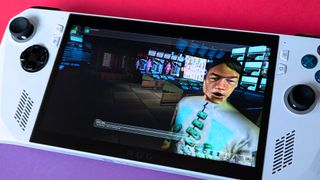 Deus Ex (2000) on an ASUS ROG Ally with a pink and purple background